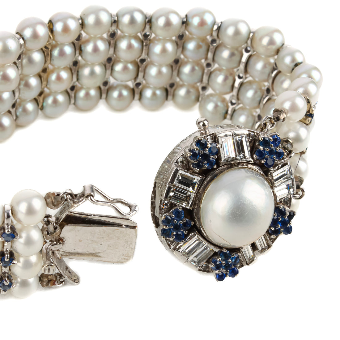 14K White Gold Pearl, Sapphire, & Diamond Bracelet
