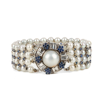 14K White Gold Pearl, Sapphire, & Diamond Bracelet