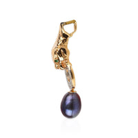 14K Yellow Gold Black Pearl, Diamond, & Emerald Panther Pendant