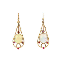 14K Yellow Gold Cabochon Opal & Ruby Drop Earrings