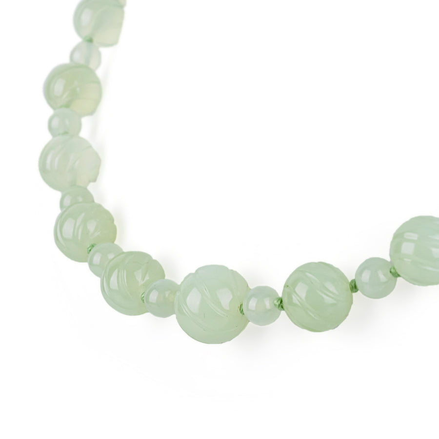 14K Yellow Gold Clasp Carved Celadon Jade Bead Necklace