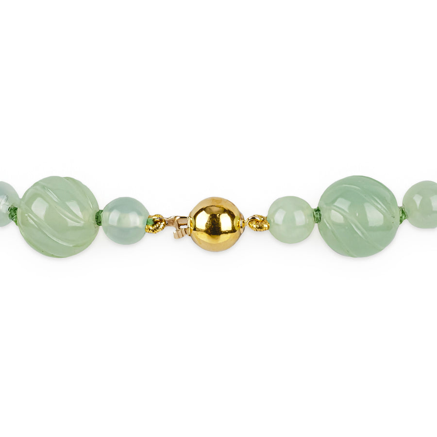 14K Yellow Gold Clasp Carved Celadon Jade Bead Necklace