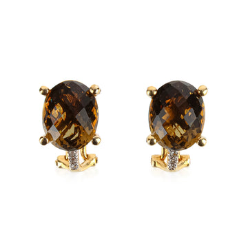14K Yellow Gold Faceted Smoky Quartz & Diamond Omega Earrings