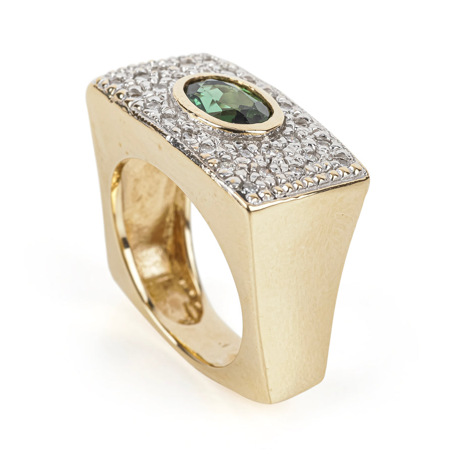 14K Yellow Gold Horizontal Oval Green Tourmaline & Diamond Ring