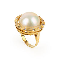 14K Yellow Gold Mabe Pearl Diamond Halo Ring