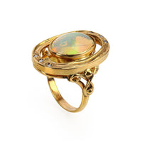 9K Yellow Gold Oval Opal Cabochon & Diamond Ring