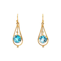 9K Yellow Gold Round Blue Topaz & Diamond Drop Earrings