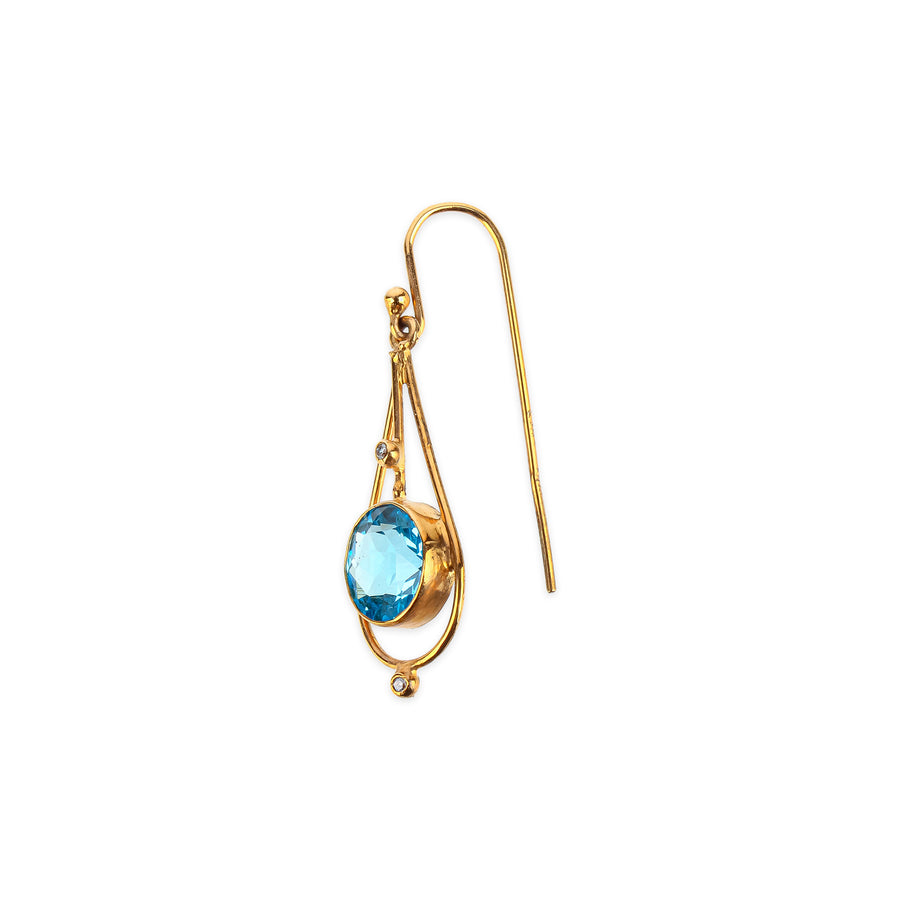 9K Yellow Gold Round Blue Topaz Diamond Drop Earrings