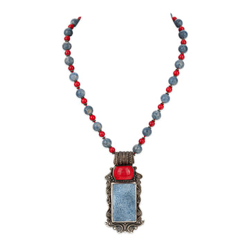 ARIK IDAN Sterling Silver Blue & Red Coral Bead Pendant Necklace