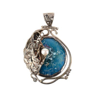 ARIK IDAN Sterling Silver Pearl Blue Roman Glass Pin Pendant
