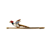 Antique 15K Yellow Gold Enamel Pheasant Bar Brooch