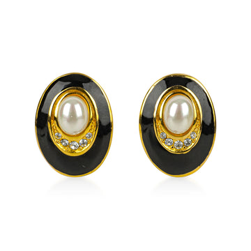 CHRISTIAN DIOR Gold-Plated Faux Pearl Black Enamel Rhinestone Clip Earrings