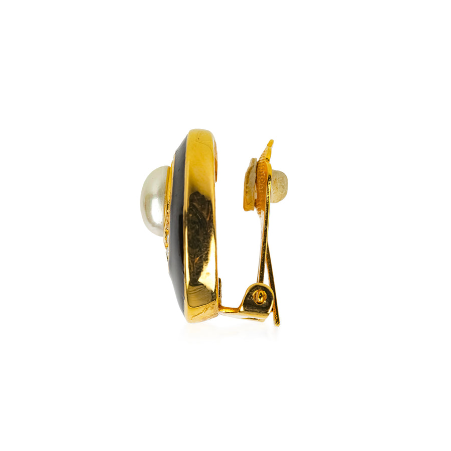 CHRISTIAN DIOR Gold-Plated Faux Pearl Black Enamel Rhinestone Clip Earrings