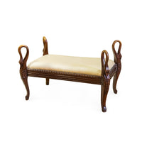 Carved Wooden Swan Bench with Beige Upholstery