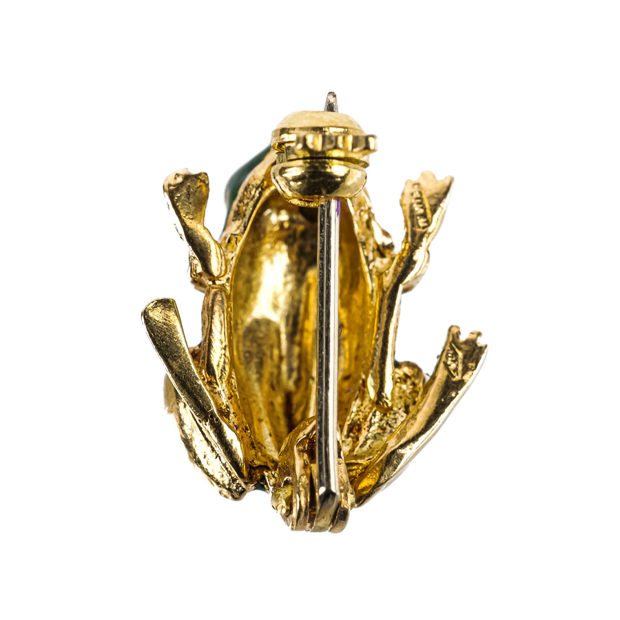 18K Yellow Gold Green & Blue Enamel Small Frog Brooch