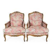 Louis Style Bergere Chairs with Red/Green Foliage Upholstery