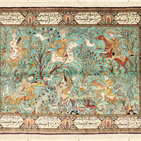 Silk Qum Rug - Hunting Scene 5'1" x 3'8"