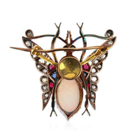 Silver & 9K Gold Opal, Ruby, Emerald, & Diamond Butterfly Brooch