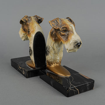 Vintage Fox Terrier Dog Bronze On Marble Base Bookends