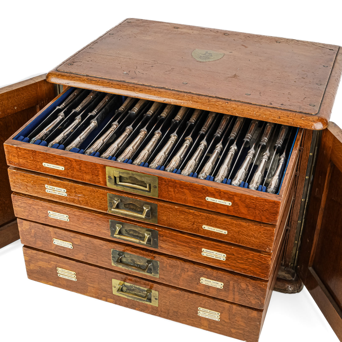 Antique MAPLE LONDON Kings Triple Plate Silverplate Flatware Set And Fitted 5 Drawer Oak Chest