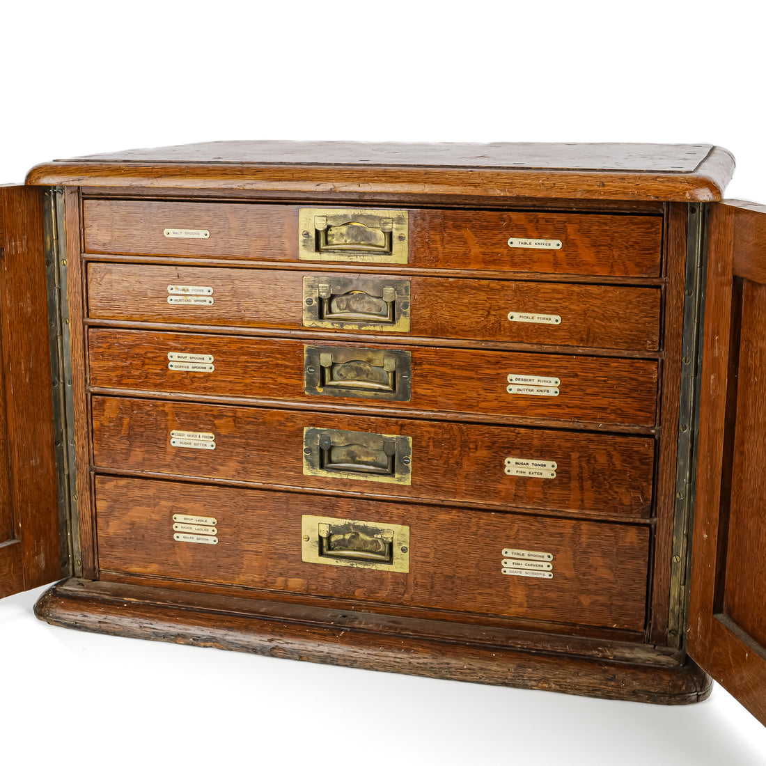 Antique MAPLE LONDON Kings Triple Plate Silverplate Flatware Set And Fitted 5 Drawer Oak Chest