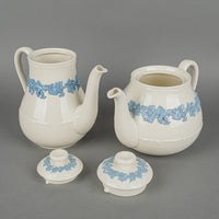 WEDGWOOD Blue On White Embossed Queens Ware Tea & Coffee Set 39 Pieces