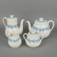 WEDGWOOD Blue On White Embossed Queens Ware Tea & Coffee Service 7 Pieces