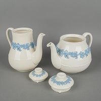 WEDGWOOD Blue On White Embossed Queens Ware Tea & Coffee Service 7 Pieces