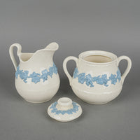WEDGWOOD Blue On White Embossed Queens Ware Tea & Coffee Service 7 Pieces