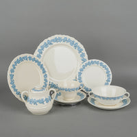 WEDGWOOD Blue On White Embossed Queens Ware 8 Place Settings Plus Extras