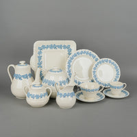 WEDGWOOD Blue On White Embossed Queens Ware Tea & Coffee Set 39 Pieces