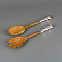 BIRKS Queens Sterling Silver Handle Wooden Salad Servers - Set of 2
