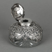 WILLIAM COMYNS & SONS Sterling Silver Fretwork Top Crystal Inkwell