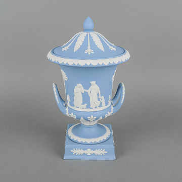 WEDGWOOD White on Blue Jasperware Lidded Urn Vase