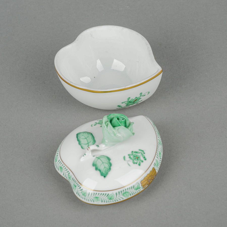 HEREND Chinese Bouquet Heart Shaped Bonbon Box with Rose Knob