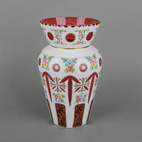 Bohemian Style Hand Painted White Cased Cranberry Glass Vase
