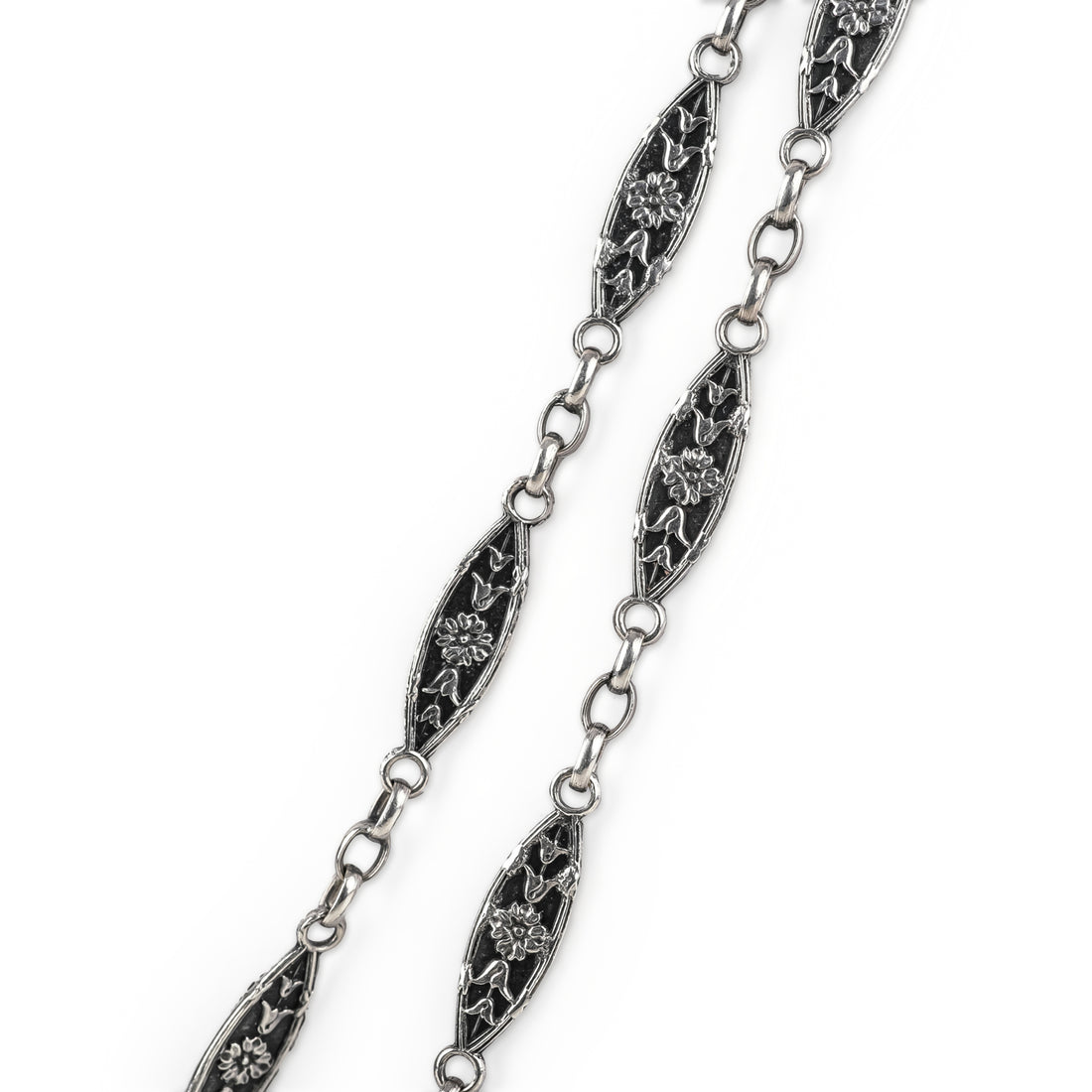 Sterling Silver Ellipse Shape Flower Link Muff Chain Necklace