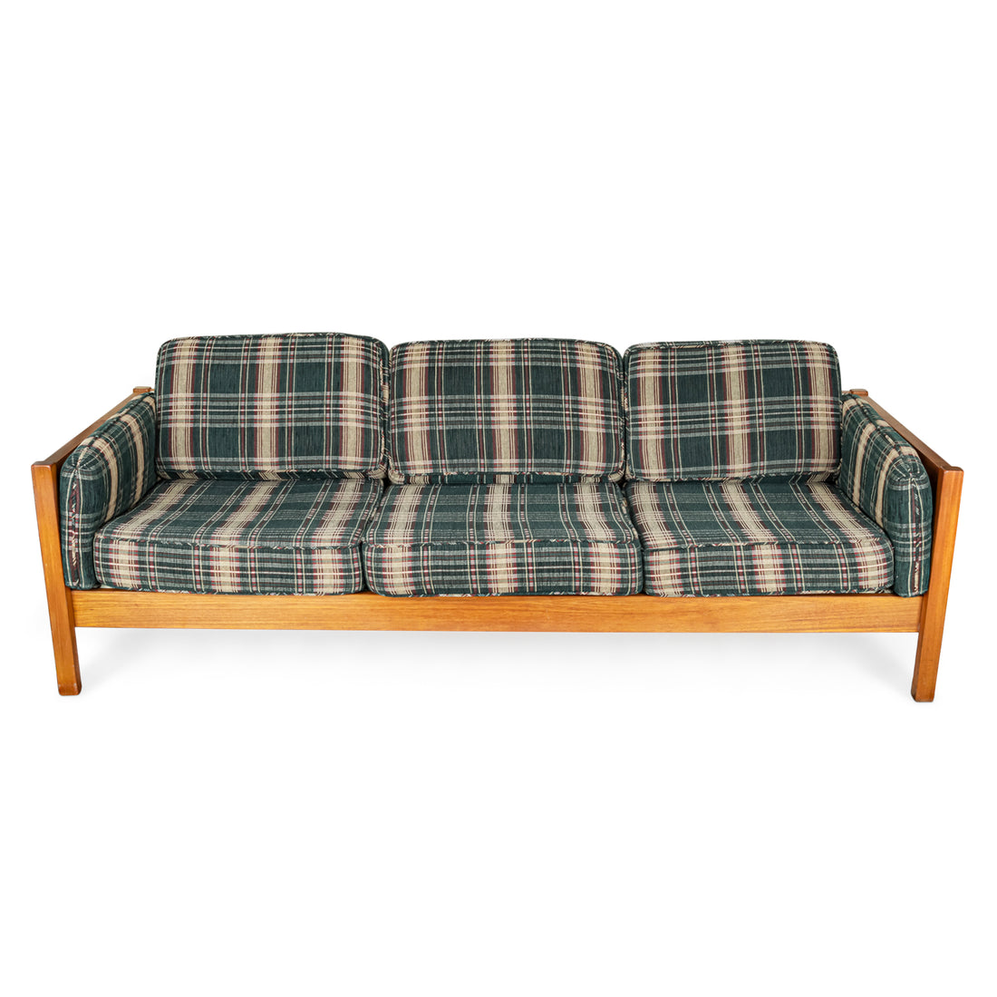 Vintage Teak Sofa with Green Plaid Upholstery