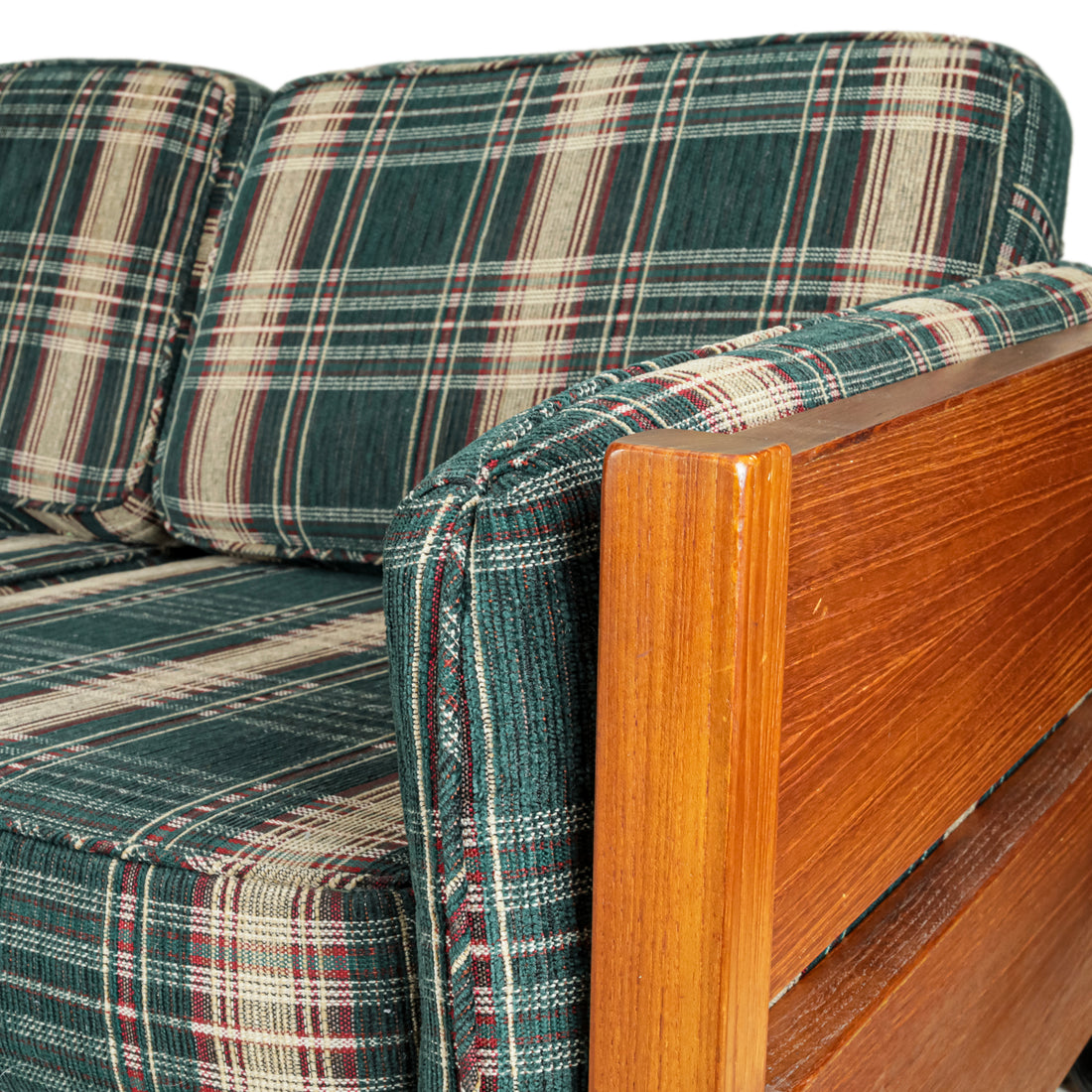 Vintage Teak Sofa with Green Plaid Upholstery