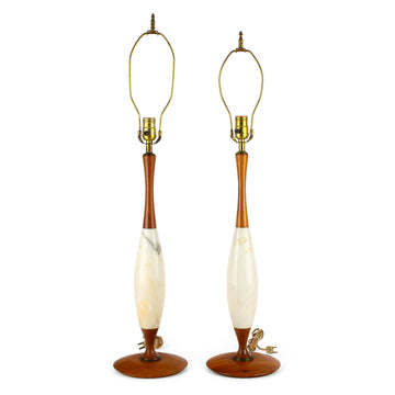 Vintage Teak & Marble Table Lamps - Set of 2