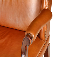 Wood Framed Tan Leather Armchairs - Set of 2