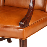 Wood Framed Tan Leather Armchairs - Set of 2