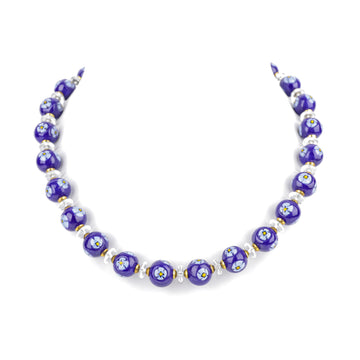 ERCOLE MORETTI Murano Art Glass Bead Necklace - Blue Flowers