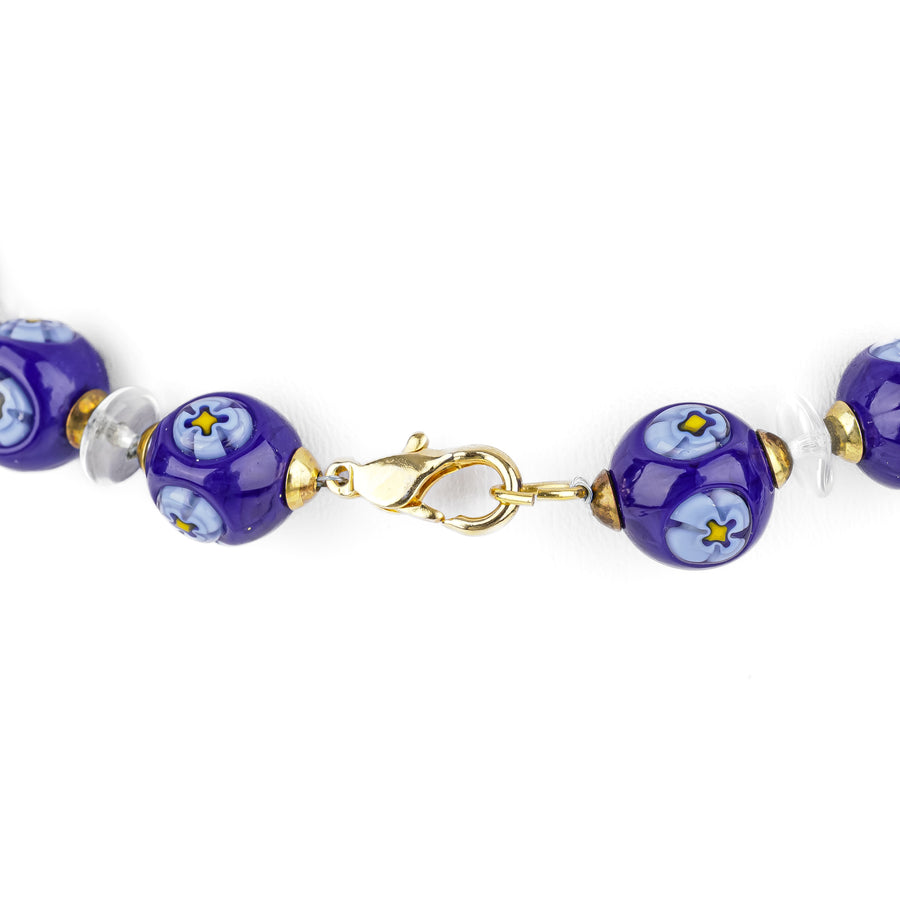 ERCOLE MORETTI Murano Art Glass Bead Necklace - Blue Flowers