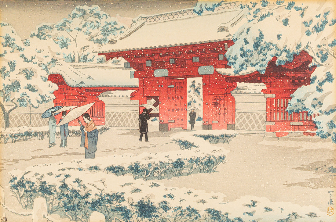 Shiro Kasamatsu (Japanese 1898-1991) "Red Gate At Hongo In Snow"