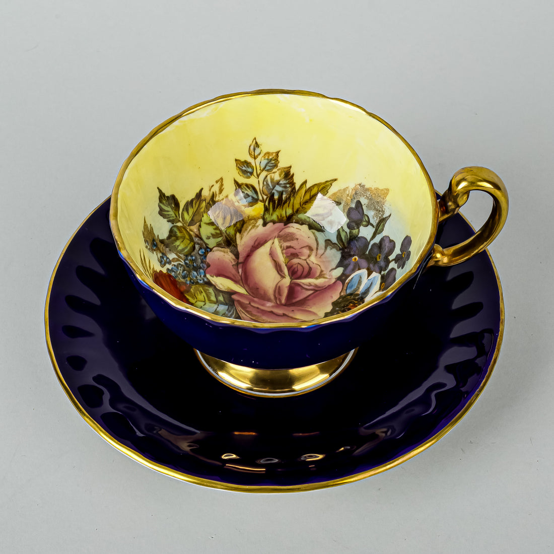 AYNSLEY Cup & Saucer C1033 JA Bailey Cabbage Rose-Cobalt