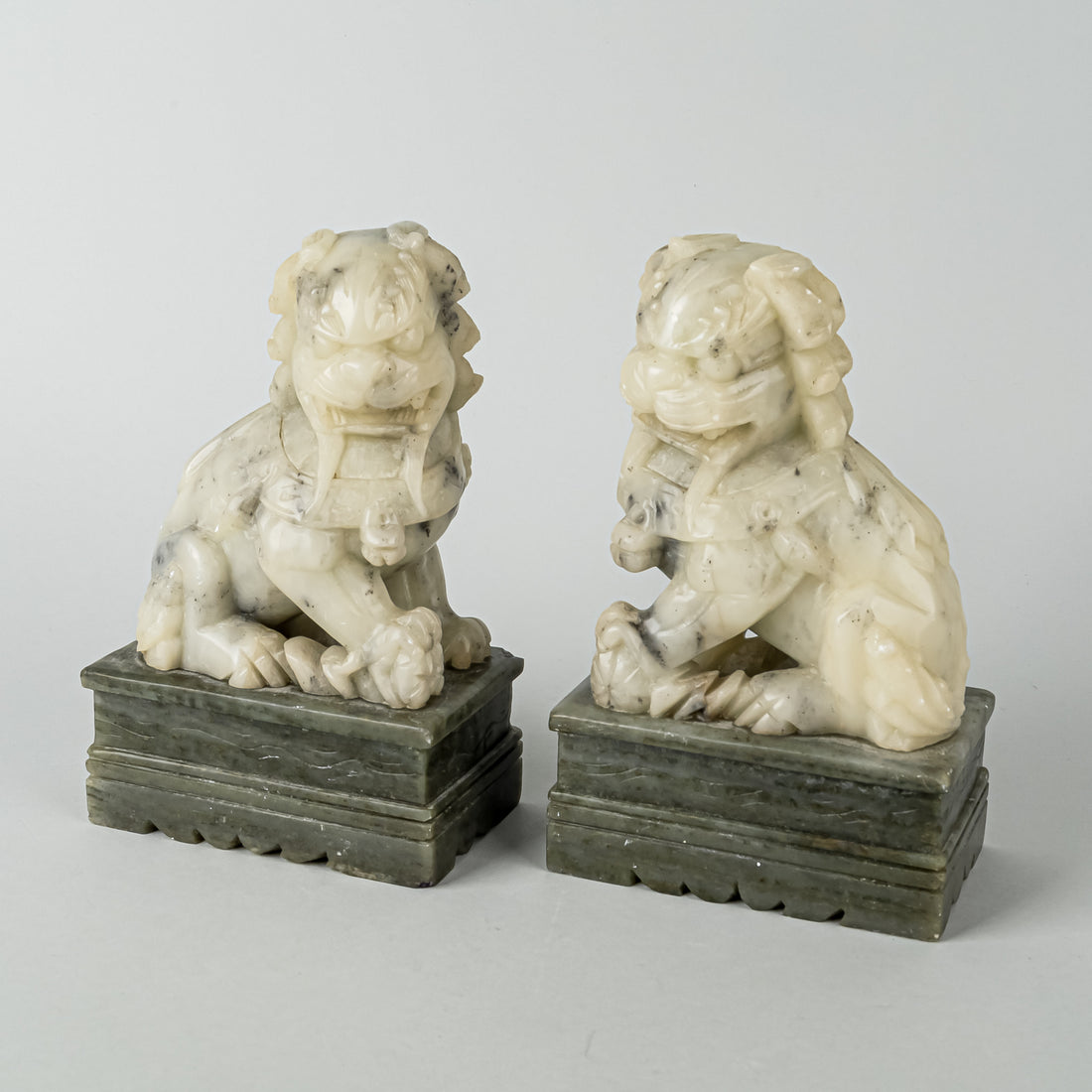 Asian Carved Soapstone Guardian Lions Set Of 2