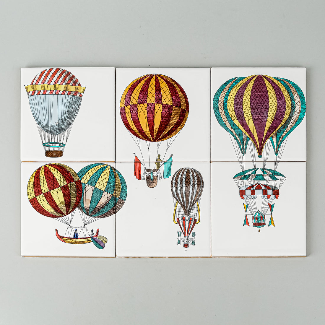 FORNASETTI Macchine Volanti Colour Ceramic Tiles Set of 6