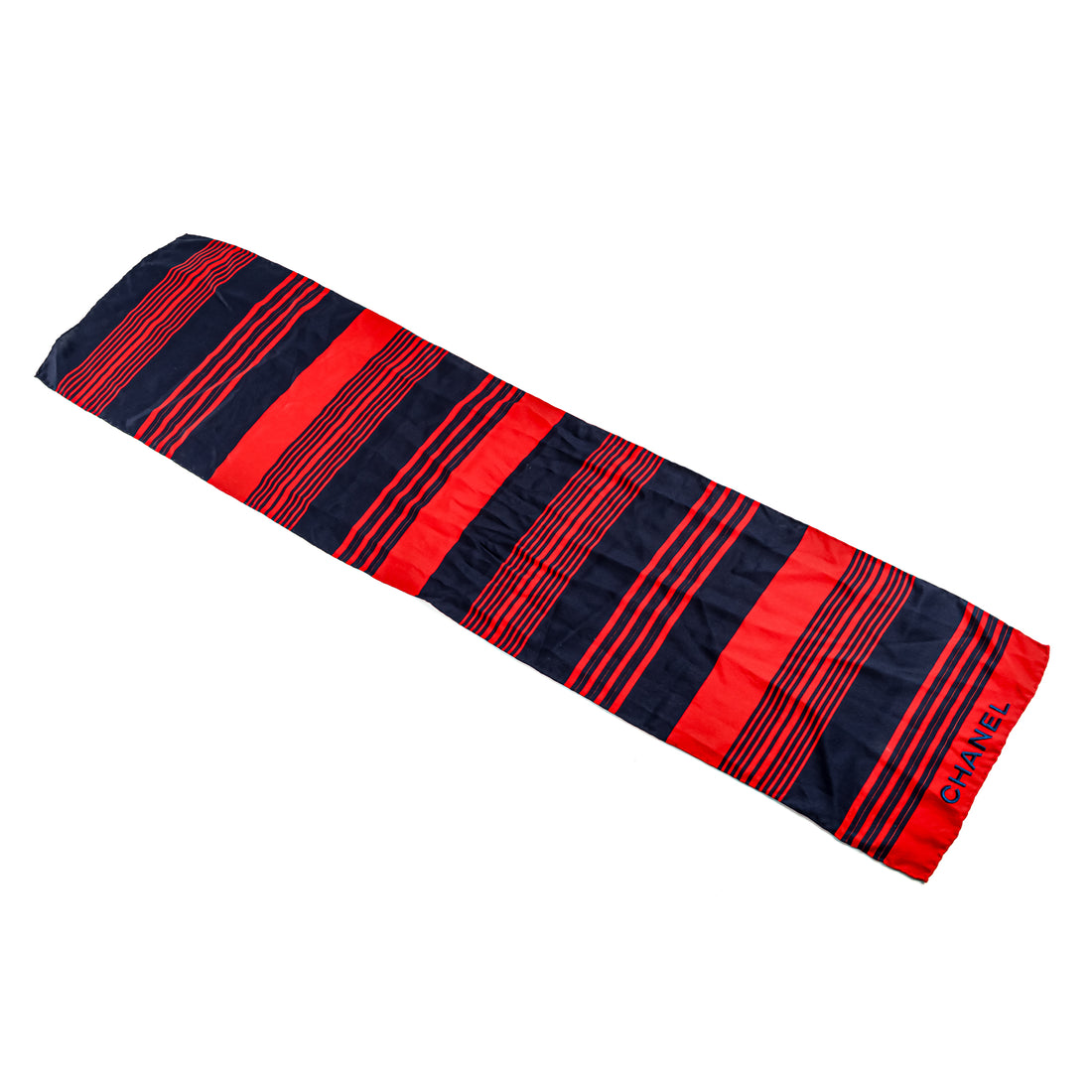 CHANEL Vintage Blue And Red Stripe Silk Scarf