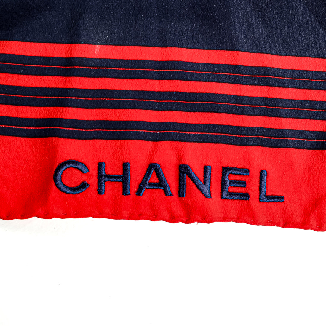 CHANEL Vintage Blue And Red Stripe Silk Scarf
